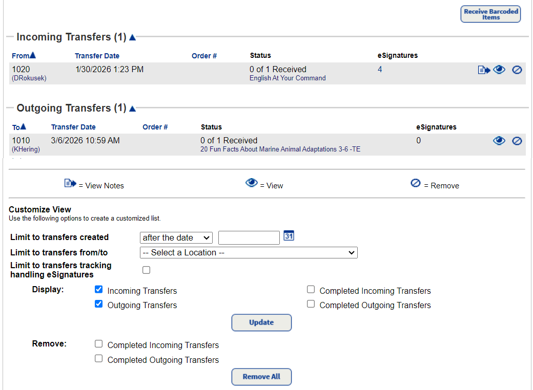 Track Resources page showing Incoming and Outgoing transfers.